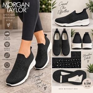 Morgan Taylor Black Knit Slip-On Rhinestone Low Top Comfort Sneakers Rubber
